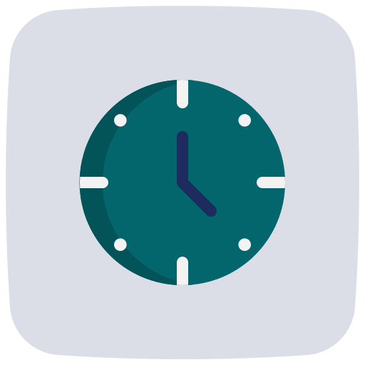 A round clock face with white dots as hour markers and blue hour and minute hands.