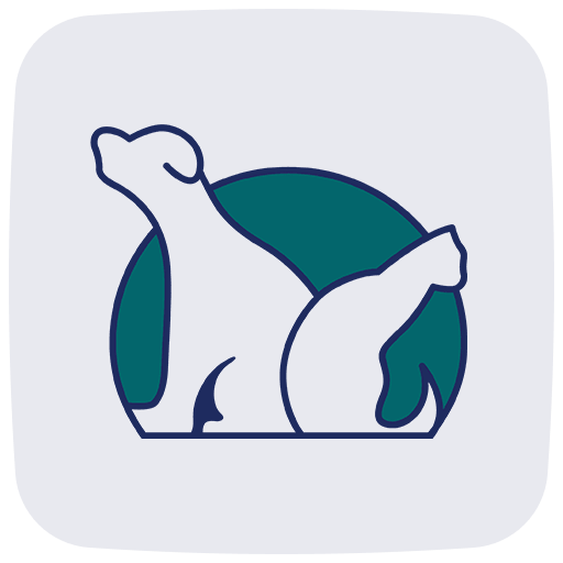 Abstract outline of a sitting dog and cat back-to-back, enclosed in a blue-green circular background.