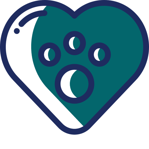 A heart shape with a paw print design inside, outlined in dark blue.