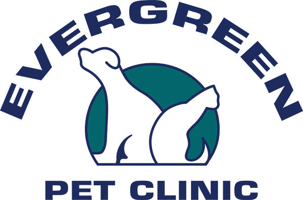 Evergreen Pet Clinic logo featuring silhouettes of a dog and cat inside a green circle.