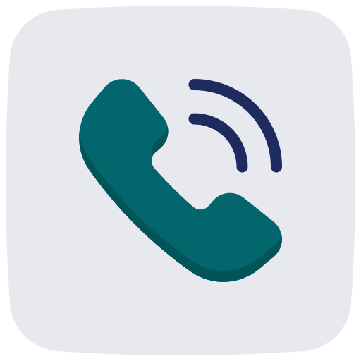 A teal phone receiver with sound waves, suggesting a call or communication.