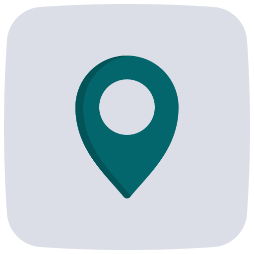A teal map pin icon centered on a square light gray background.
