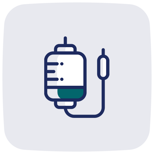 Intravenous drip icon with a fluid bag and tubing, depicted with simple lines and color accents.