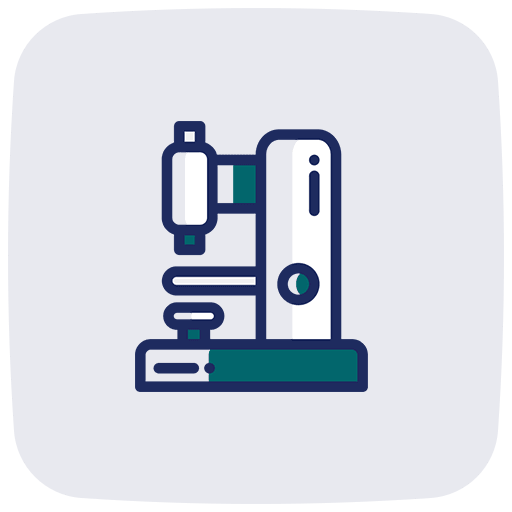 A stylized illustration of a microscope with blue and green accents.