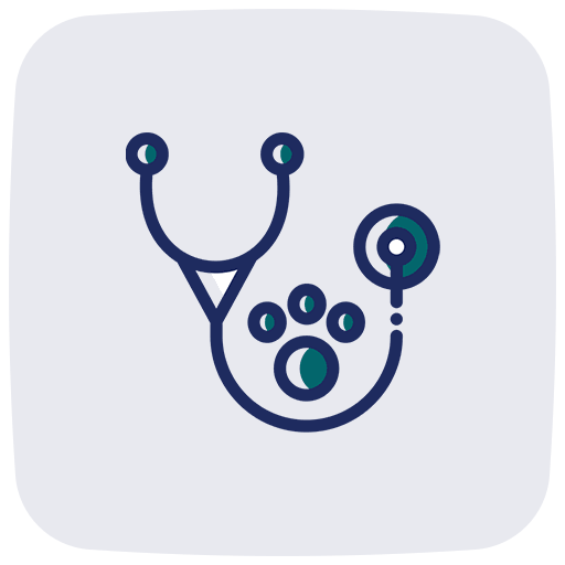 An abstract stethoscope design with a paw print in the tubing, symbolizing veterinary medicine.